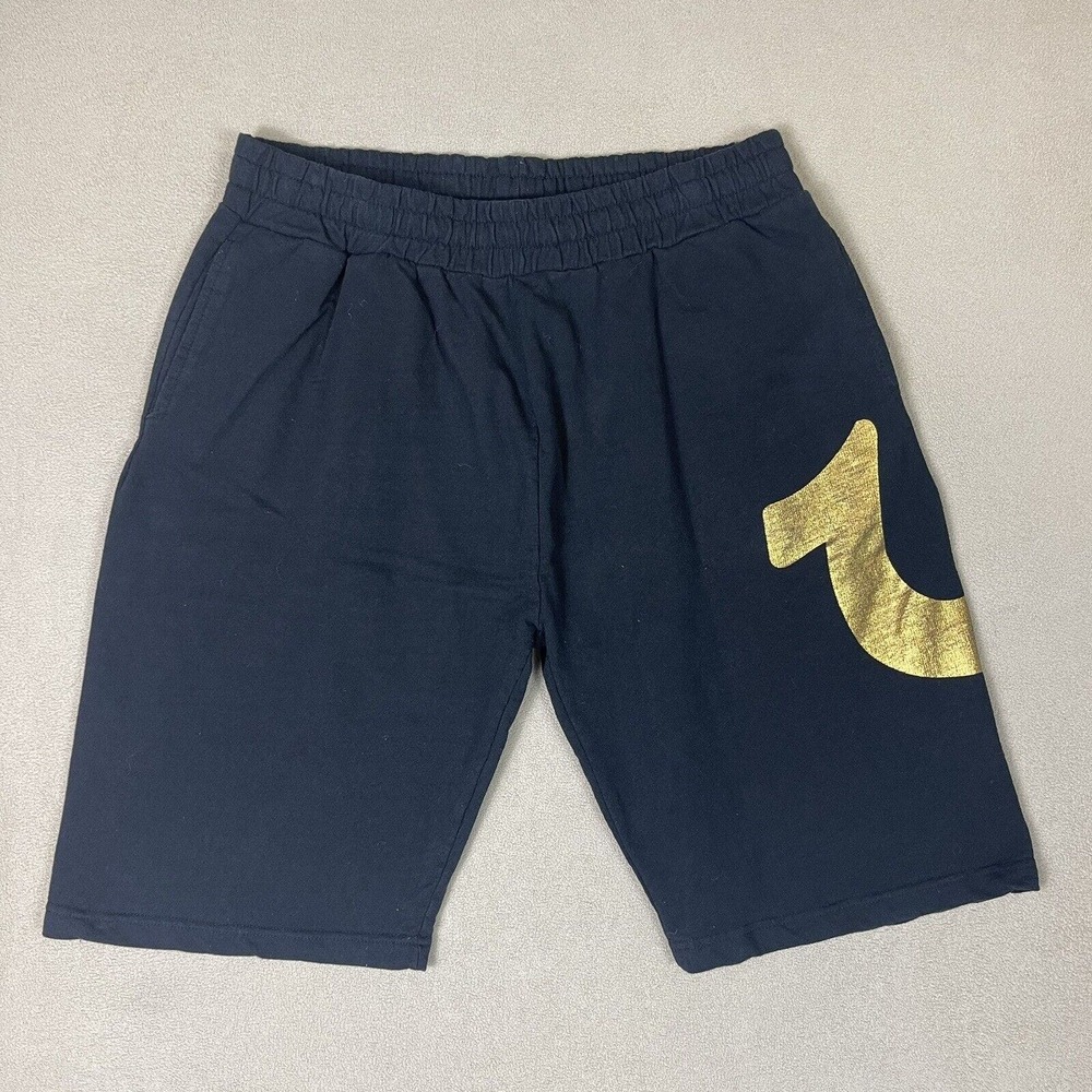 True Religion Shorts Mens Large Black Athletic Gold Logo Gym Workout Adult